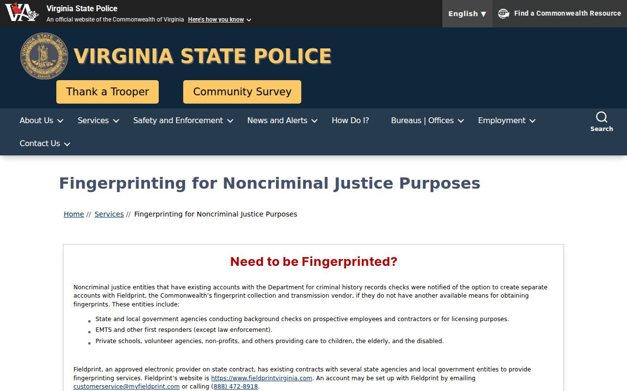 Bowling Green criminal history fingerprint rules from Virginia State Police