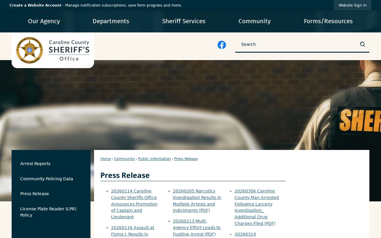 Caroline County arrest announcements in sheriff press releases