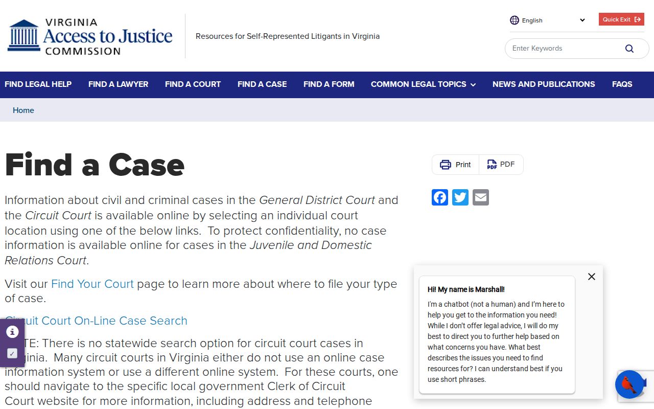 Virginia guidance for finding Caroline County criminal court cases