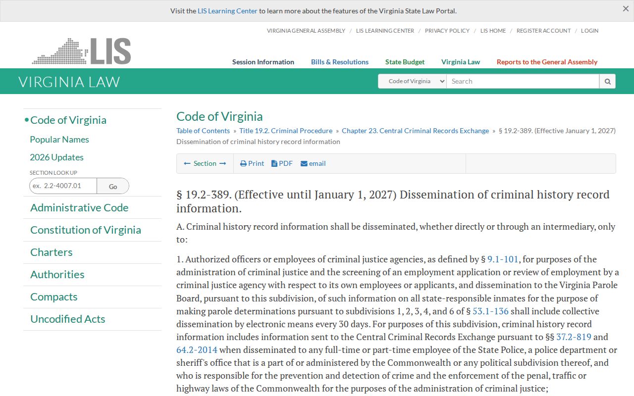 Virginia criminal history dissemination law for Caroline County registry users